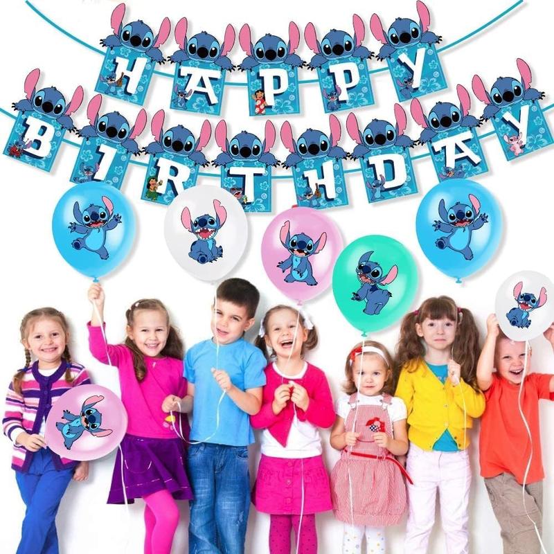 Stitch Party Supplies, 103 count Birthday Decorations Set Include Banner, Balloons, Stickers, Hanging Swirls, Cake Cupcake Toppers, Tablecloth for Boys Girls Stitch Theme Party