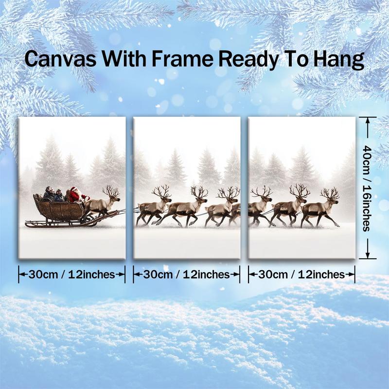 Christmas Themed Wooden Framed Canvas Painting, 3 Counts set Vintage Wall Poster, Wall Art for Home Living Room Bedroom Office Decor