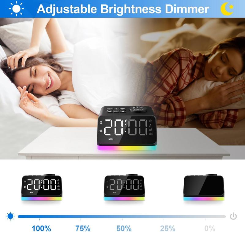 Digital Alarm Clock with FM Radio for Bedroom, 8 Colors Night Light with 2 Charging Port, Sleep Sound Machines with Timer, Dual Alarm, Loud Alarm and Easy to Use for Seniors and Kids as Gift (Black)