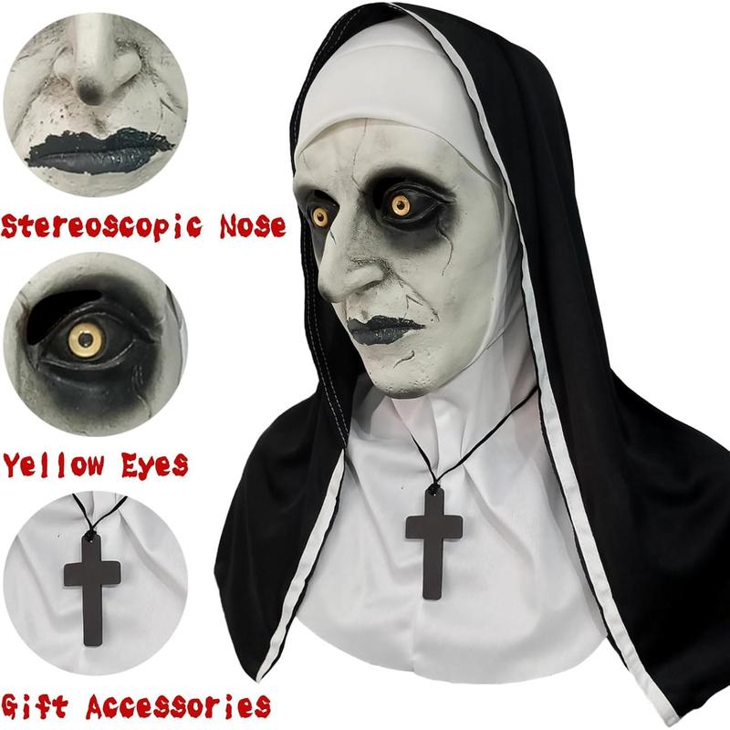 Nun Costume Mask 2023  Version - Realistic Latex Mask with Headgear and Cross Necklace for Halloween Night (ShutMouth)