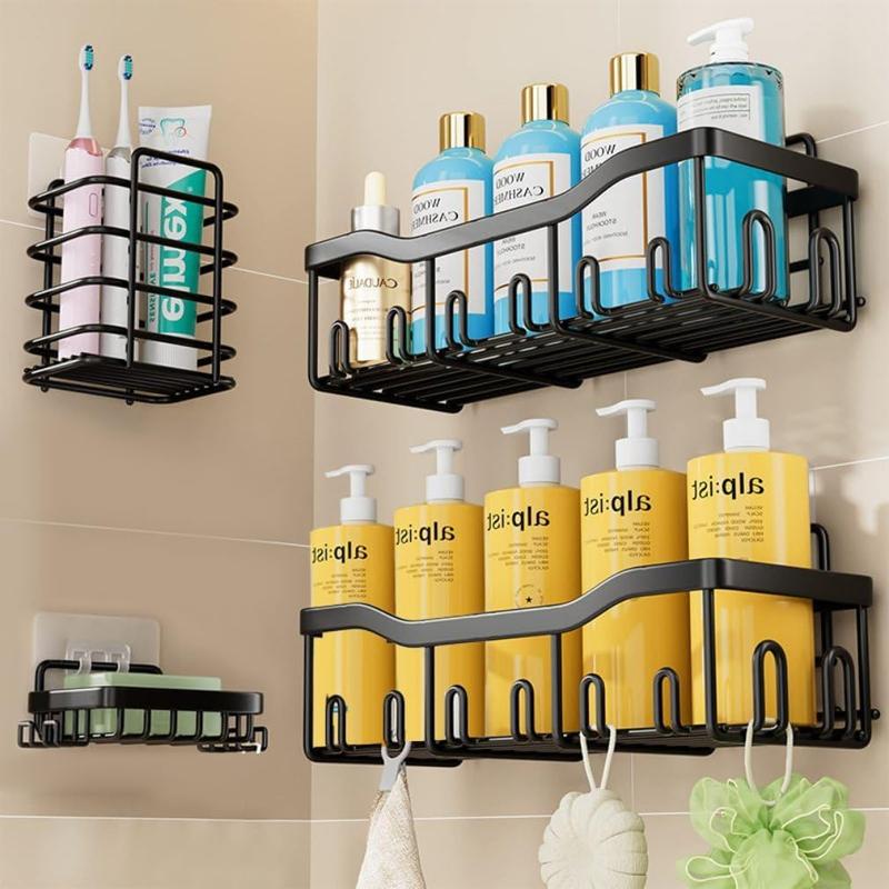 4 Pack Shower Caddy Shelf, No Drilling, Bathroom Corner Storage Rack, Shower Caddy Shelf Organizer, Stainless Steel Shower Shelves with 10 Hooks Decor