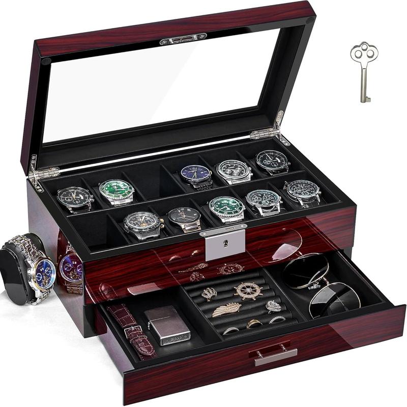 Watch Box 12 Watch Cases for Men with Large Lid Jewelry Box with Watch Storage 2-Tier Paint Surface Watch Holder Organizer for Men Lockable Watch Display Case UJWB001Y