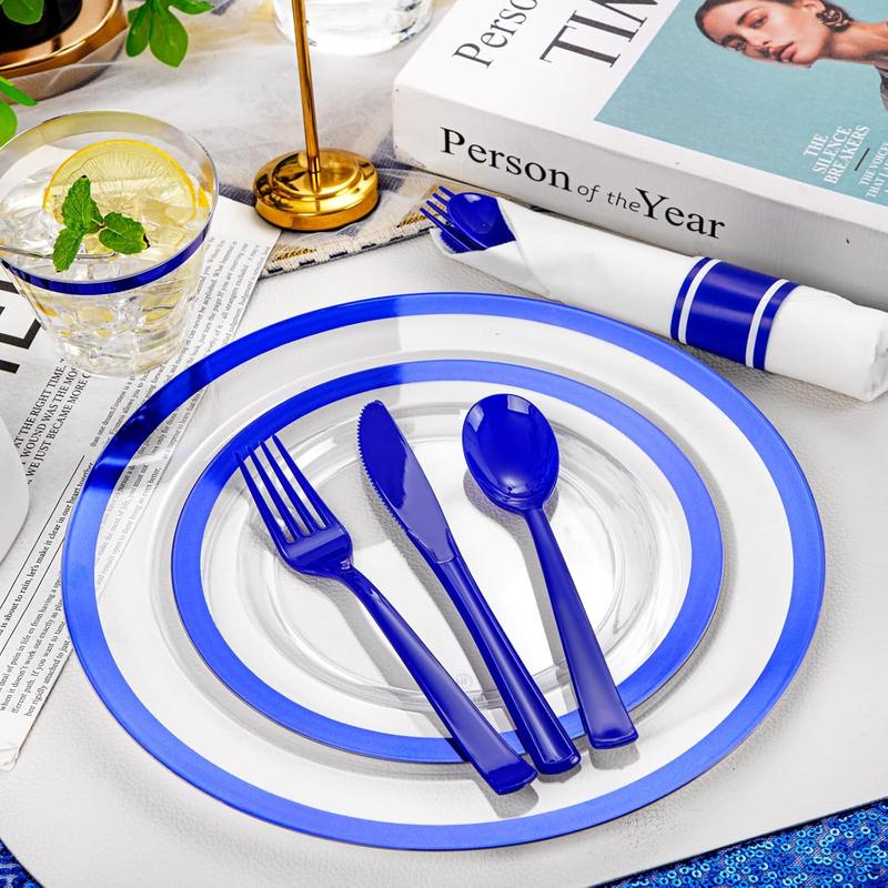 Wellife 350 Pcs Dark Clear Blue Red Black Gold Plastic Plates, Clear Blue Disposable Dinnerware Set, Include 50 Dinner Plates 10.25'', 50 Dessert Plates 7.5'', 50 Cups 9 OZ, 50 Pre Rolled Napkins with Silverware