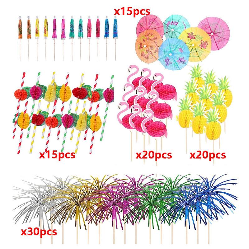 100pcs Cocktail Decoration Prop Set, Drink Topper, Umbrella, Firework, Flamingo & Tropical Plant Design Cocktail Stirring Stick & Straw Set, Bar Drink Accessories, Party Supplies