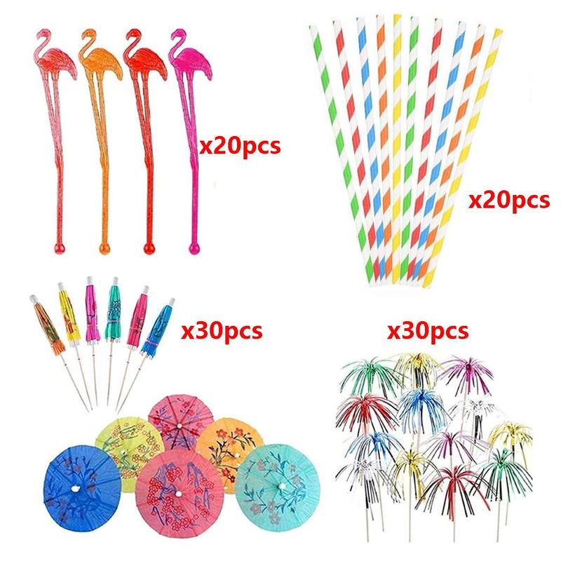 100pcs Cocktail Decoration Prop Set, Drink Topper, Umbrella, Firework, Flamingo & Tropical Plant Design Cocktail Stirring Stick & Straw Set, Bar Drink Accessories, Party Supplies