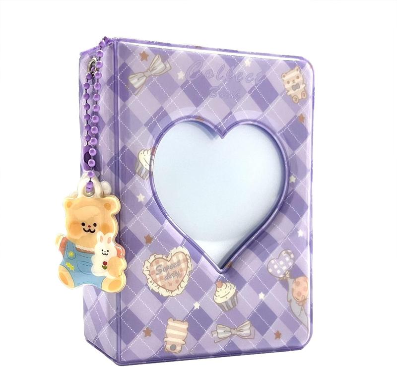 3 Inch Mini Photo Album, Heart Hollow Card Binder Photo Album Photo Card Holder with Pendant 40 Pockets (blue strawberry)