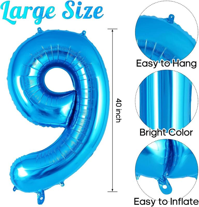 Blue Number 9 Balloon 40 Inch, Big Large Foil Helium Number Balloons, Jumbo Giant Mylar Number 9 Balloons for 9 Year Old Birthday Party Decorations Supplies Anniversary Celebration