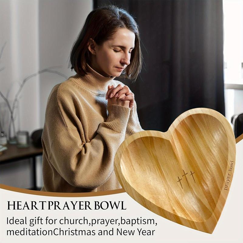 Wooden Heart Shaped Prayer Bowl, Vintage Prayer Bowls with Cross & Letter, Religious Decoration for Living Room, Prayer Room