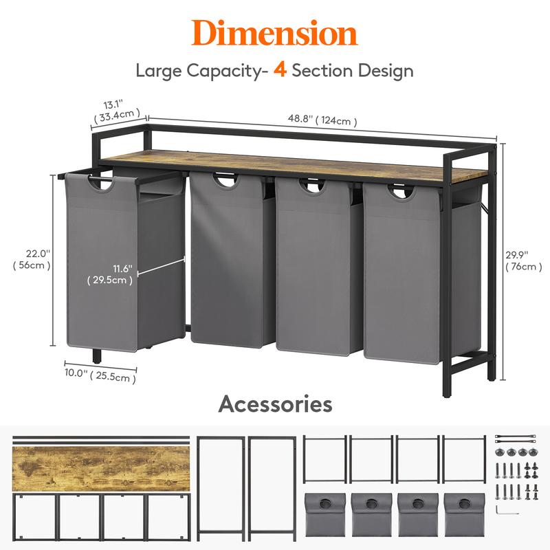Lifewit Laundry Hamper 4 Section, 168L Pull out Laundry Clothes Basket Organizer with Large Top Shelf and 4 Removable Bags and Handles, Laundry Sorter for Bedroom Bathroom Dorm Laundry Room
