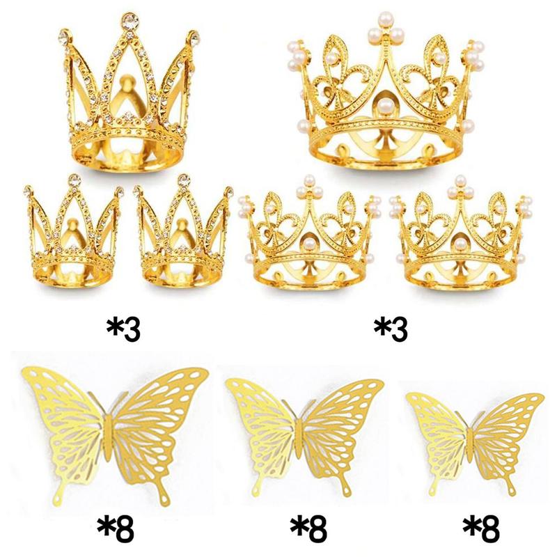 Crown & Butterfly Design Cake Decoration, 30pcs set Exquisite Mini Crown & Butterfly Cake Flower Scenes Decoration, Party Decorations Supplies for Birthday Wedding Baby Shower