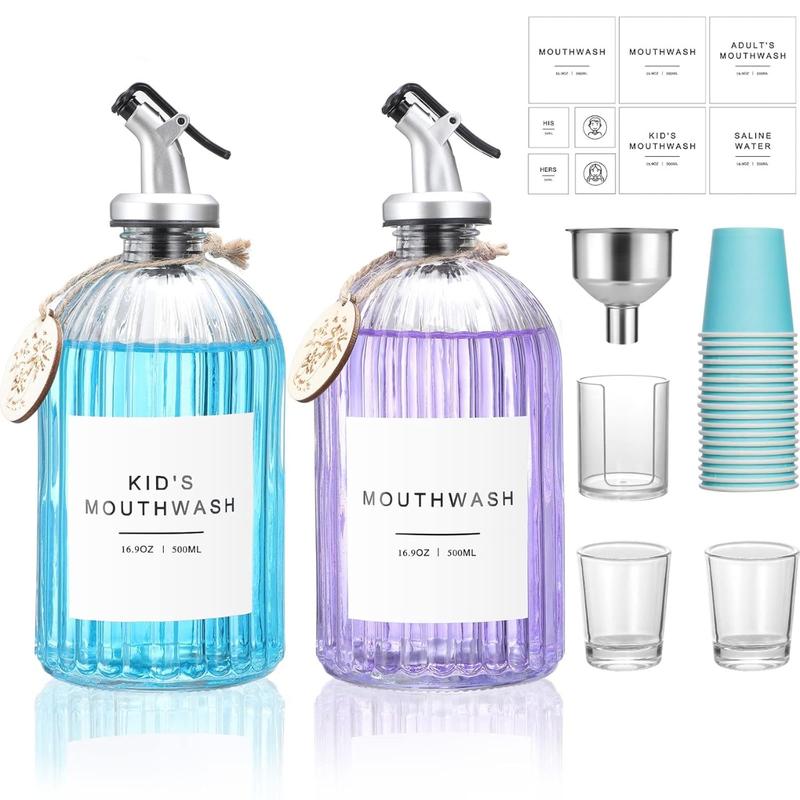 Glass Mouthwash Dispenser, 2 Pack 16.9oz Glass Bottles with Pour Spouts, 2 Reusable, 21 Paper Cups with Holder, Funnel and Labels, Refillable Bottles Container with Wooden Tag