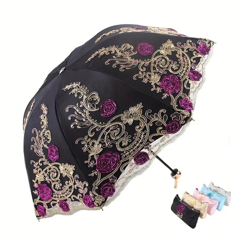 Vintage Lace Floral Decor Umbrella, 1 Count Exquisite Rose Pattern Umbrella, Sunny and Rain Dual-use Umbrella for Women & Girls, Gift for Friend