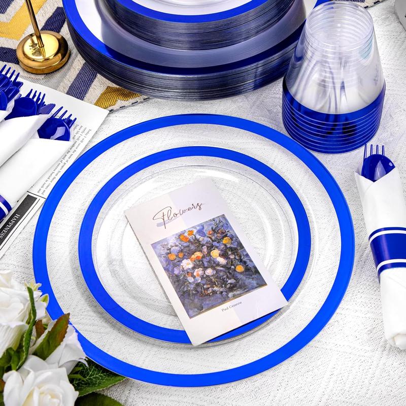 Wellife 350 Pcs Dark Clear Blue Red Black Gold Plastic Plates, Clear Blue Disposable Dinnerware Set, Include 50 Dinner Plates 10.25'', 50 Dessert Plates 7.5'', 50 Cups 9 OZ, 50 Pre Rolled Napkins with Silverware