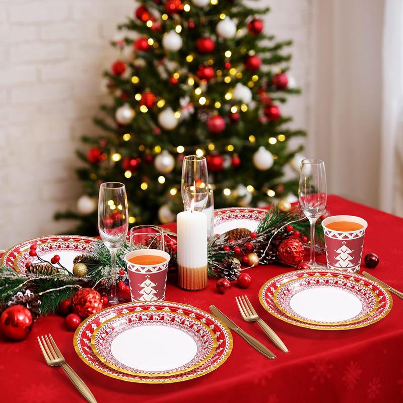 200 count Christmas Dinnerware Set Disposable Red and White Paper Plates and Napkins for 25 Guests Gold Tableware Kits Cups Forks  Spoons for Christmas New Year Party Decoration(Xmas Tree)