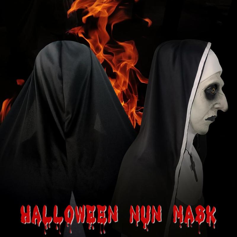 Nun Costume Mask 2023  Version - Realistic Latex Mask with Headgear and Cross Necklace for Halloween Night (ShutMouth)