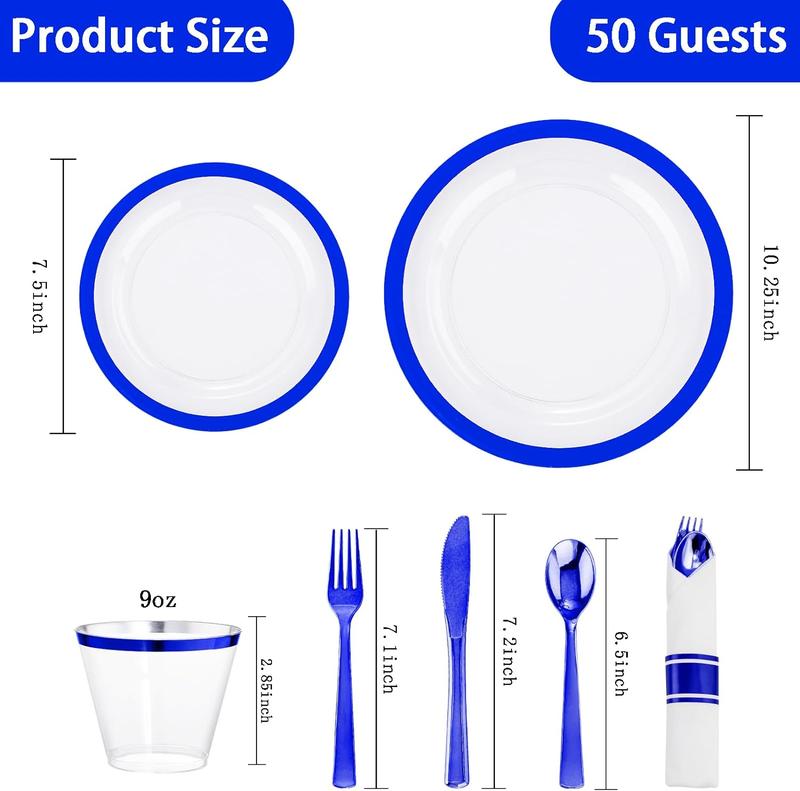 Wellife 350 Pcs Dark Clear Blue Red Black Gold Plastic Plates, Clear Blue Disposable Dinnerware Set, Include 50 Dinner Plates 10.25'', 50 Dessert Plates 7.5'', 50 Cups 9 OZ, 50 Pre Rolled Napkins with Silverware