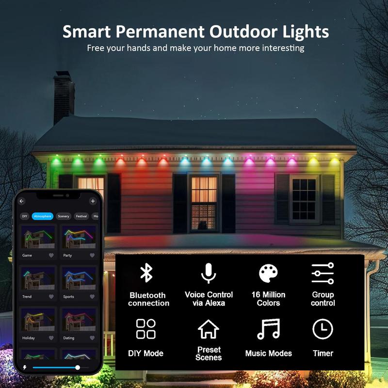 Christmas Outdoor Decorative Light, RGB Smart Rainbow LED Light, IP67 Waterproof Atmosphere Light Suitable for House Outdoor, Holiday Decor, Christmas Decoration