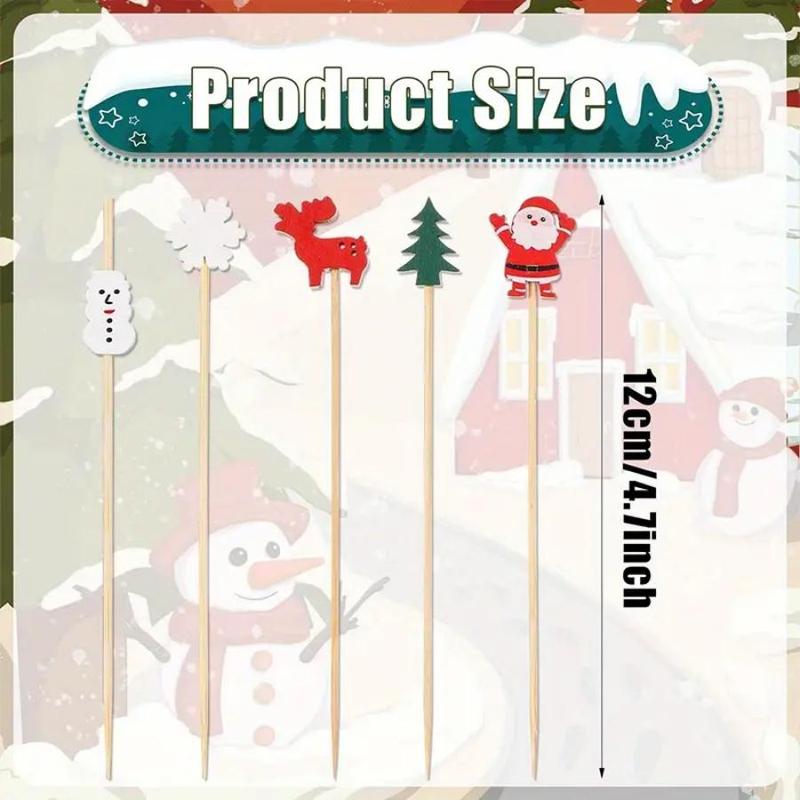 Christmas Themed Disposable Bamboo Stick, 30 100pcs Cute Cartoon Design Fruit Stick, Disposable Tableware for Home Office Party