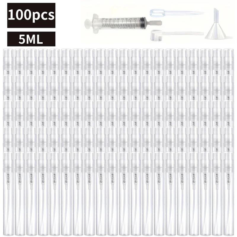 5ml Mini Refillable Spray Bottle Set, 104pcs set Including 100pcs Travel Clear Empty Bottles & 4 Counts Accessories for Perfume, Skincare, Cleaning Supplies