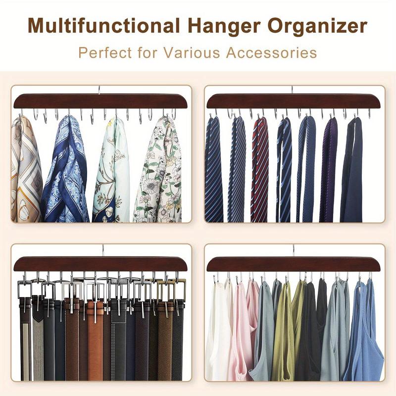 Tie Rack Hanger with 14 Hooks, 1 Count Space Saving Necktie Organizer for Men women, Large Capacity Tie and Belt Wooden Hanger for Closet