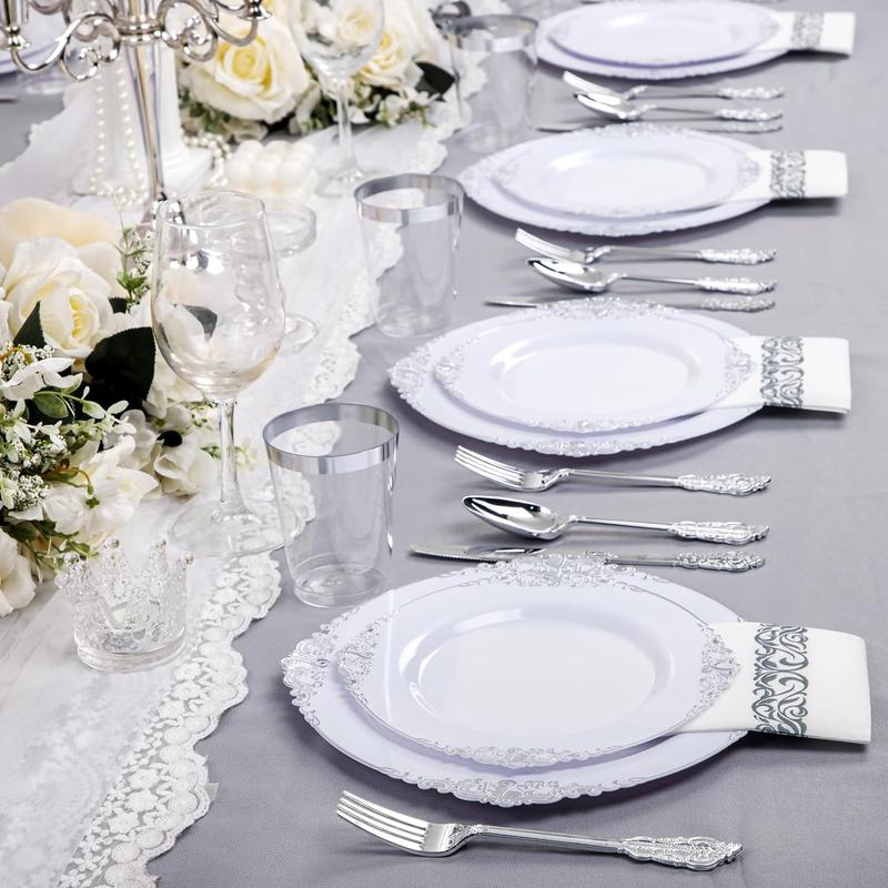 Nervure 350PCS White and Silver Plastic Plates - Silver Plastic Dinnerware Sets for 50 Guests - 100 Silver Disposable Plates, 150 Silver Plastic Silverware, 50 Cups,Napkins for Wedding & Party