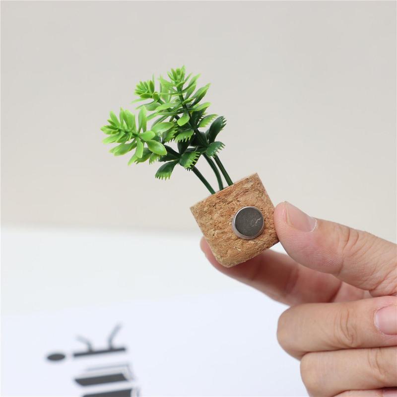 Spring Ornaments, 1 Count Plant Fridge Magnet, Mini Potted Plant Refrigerator Magnet, Magnetic Artificial Plant with Wooden Base, Home Decor, Office Decor