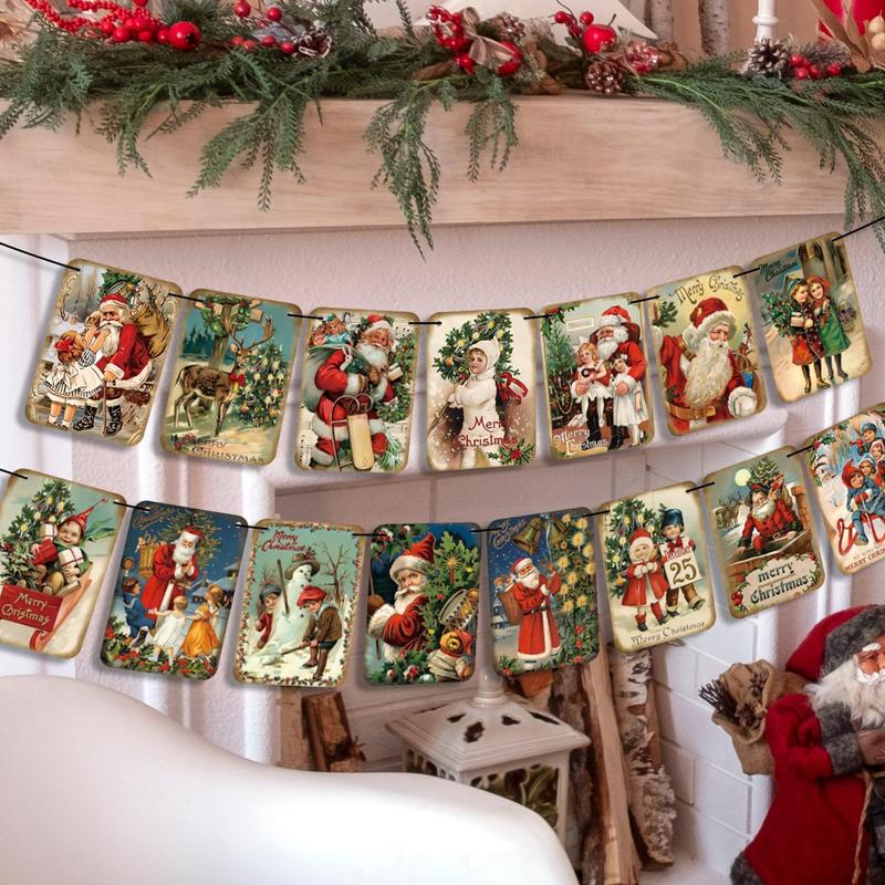 Vintage Style Christmas Hanging Banner, 1 Set Traditional Vintage Victorian Style Christmas Bunting Decor, Santa Christmas Party Banner, Bunting Decorations