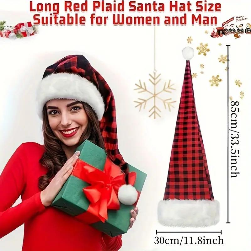 Christmas Hats, Long Santa Hat For Adult Red And Black Plaid, Fluffy Plush Santa Claus Hats Holiday Hats For Party