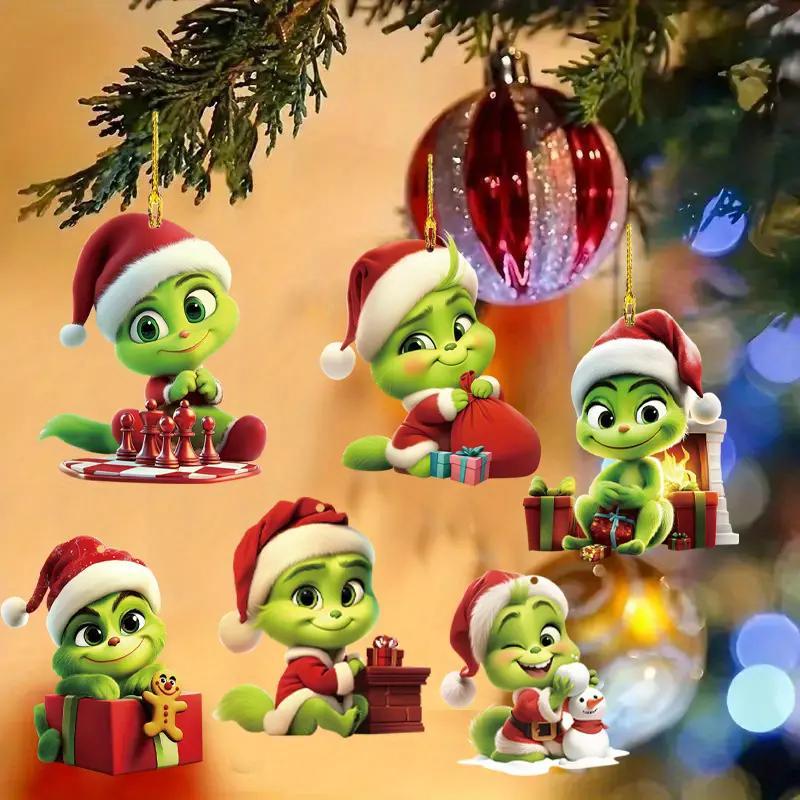 3D Acrylic Christmas Decorations, 6 Counts set Cute Cartoon Design Hanging Ornament, Holiday Decoration for Home Party Car Bag Keychain