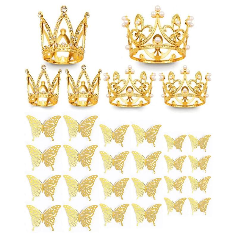 Crown & Butterfly Design Cake Decoration, 30pcs set Exquisite Mini Crown & Butterfly Cake Flower Scenes Decoration, Party Decorations Supplies for Birthday Wedding Baby Shower