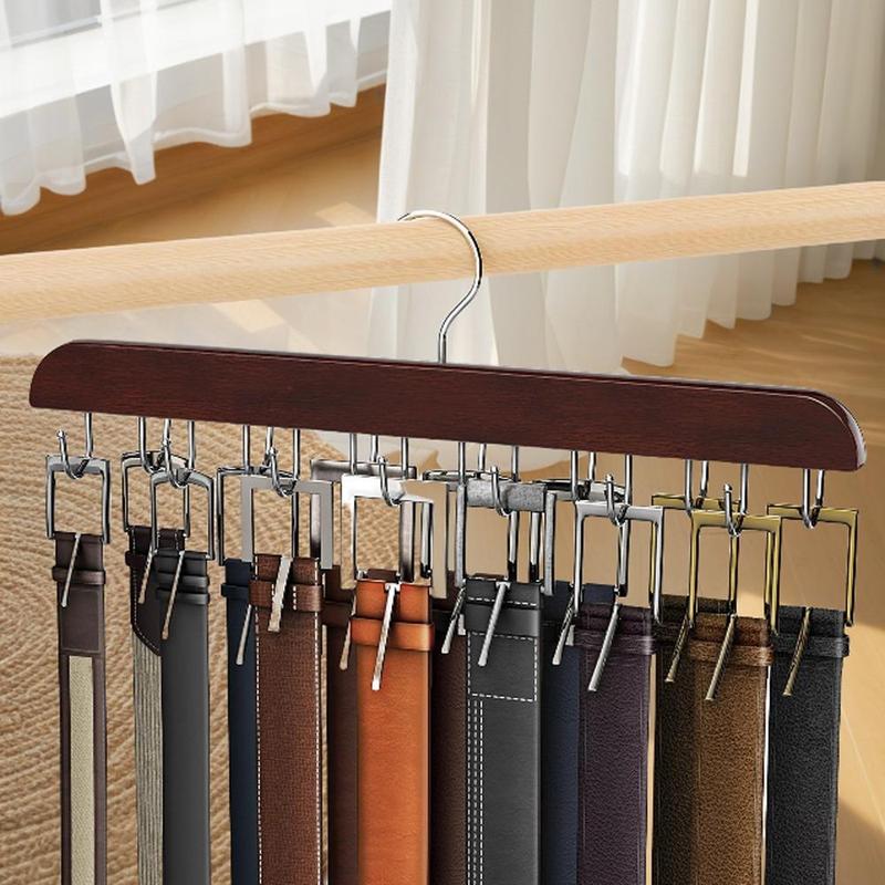 Tie Rack Hanger with 14 Hooks, 1 Count Space Saving Necktie Organizer for Men women, Large Capacity Tie and Belt Wooden Hanger for Closet