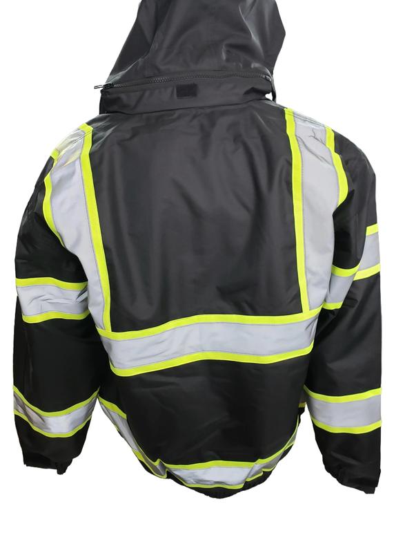 NEW High Visibility Reflective Black bomber safety rain jacket with sherpa insulation   water resistant black rain jacket (see sizing information on description)