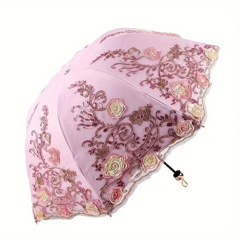 Vintage Lace Floral Decor Umbrella, 1 Count Exquisite Rose Pattern Umbrella, Sunny and Rain Dual-use Umbrella for Women & Girls, Gift for Friend