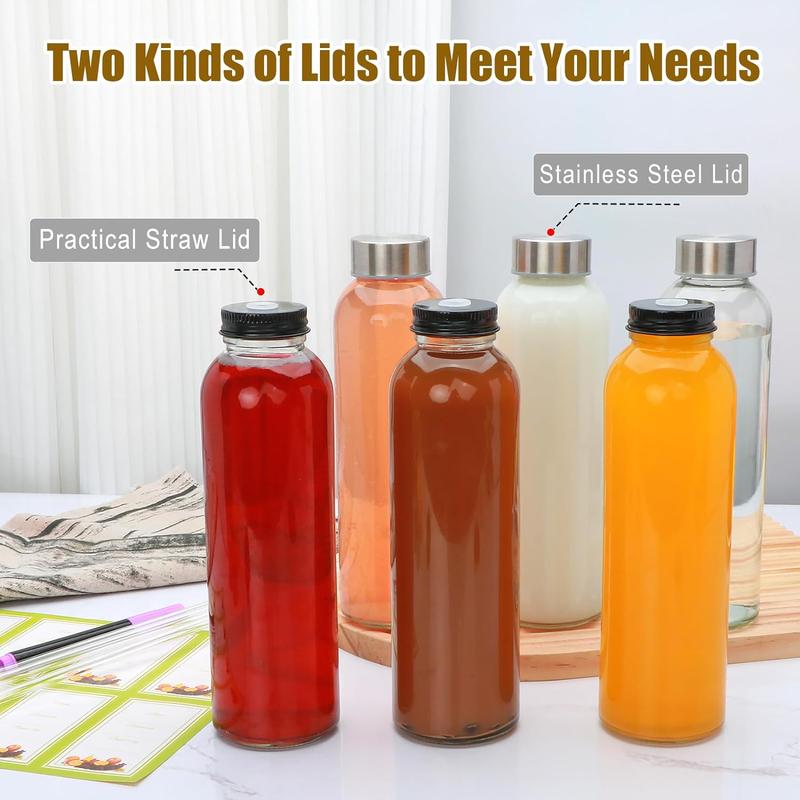 16oz Glass Bottles,Reusable Glass Juice Bottles with Lids and Straws,Set of 8,Clear Glass Water Juicer Containers with Two-types of Lid for Beverage,Smoothies,Milk,Iced Coffee,Tea,Sauces