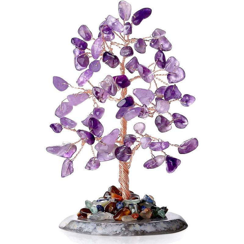 Healing Crystal Tree of Life Natural Gemstone Agate Slice Base Copper Wire Wrapped Money Trees Feng Shui Reiki Spiritual Energy Decorations Home Office Room Desk Decor Gifts for Women Men