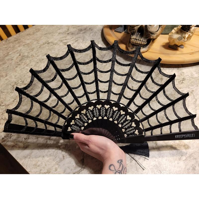 kreepsville 666 Spiderweb Lace Gothic Fabric Hand Fan with Tassel