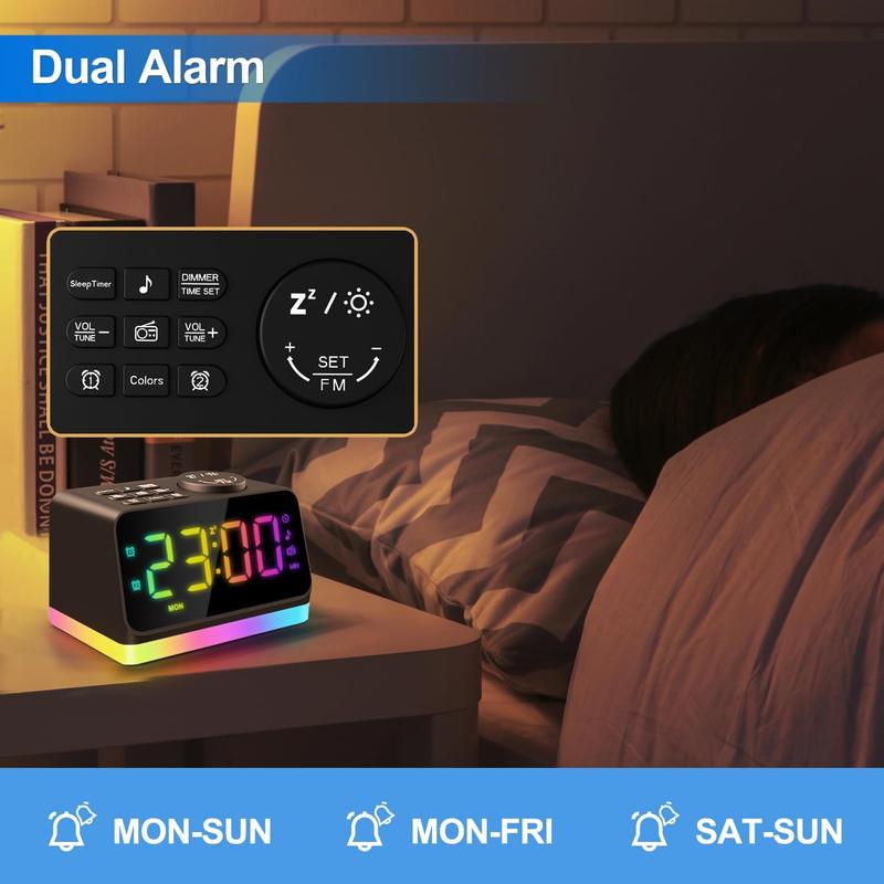 Digital Alarm Clock with FM Radio for Bedroom, 8 Colors Night Light with 2 Charging Port, Sleep Sound Machines with Timer, Dual Alarm, Loud Alarm and Easy to Use for Seniors and Kids as Gift (Black)