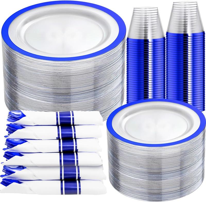 Wellife 350 Pcs Dark Clear Blue Red Black Gold Plastic Plates, Clear Blue Disposable Dinnerware Set, Include 50 Dinner Plates 10.25'', 50 Dessert Plates 7.5'', 50 Cups 9 OZ, 50 Pre Rolled Napkins with Silverware