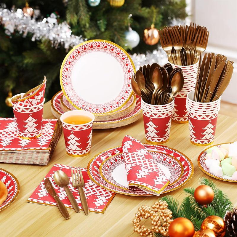 200 count Christmas Dinnerware Set Disposable Red and White Paper Plates and Napkins for 25 Guests Gold Tableware Kits Cups Forks  Spoons for Christmas New Year Party Decoration(Xmas Tree)