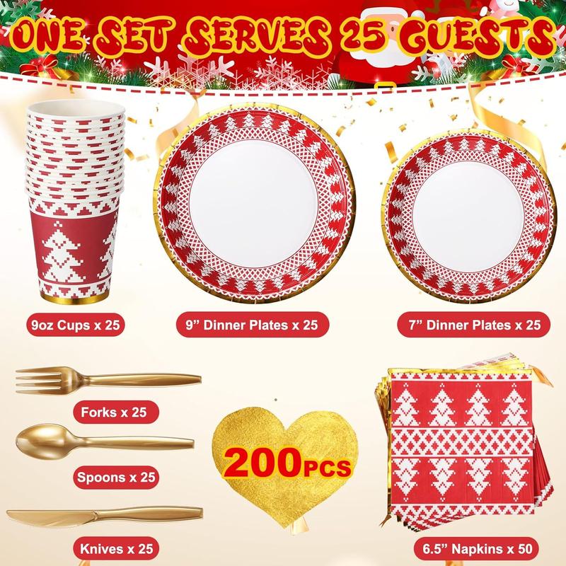 200 count Christmas Dinnerware Set Disposable Red and White Paper Plates and Napkins for 25 Guests Gold Tableware Kits Cups Forks  Spoons for Christmas New Year Party Decoration(Xmas Tree)