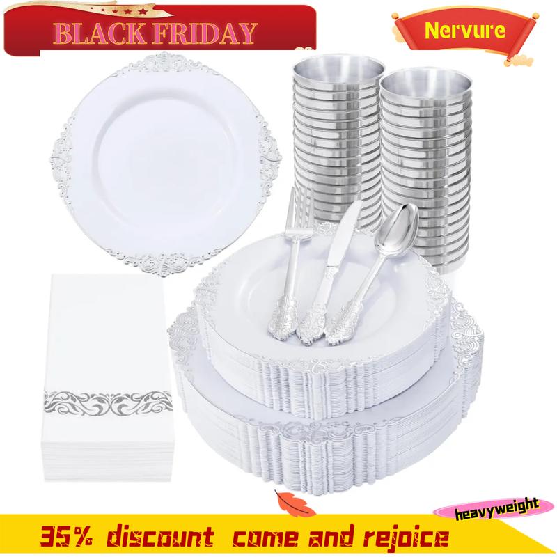 Nervure 350PCS White and Silver Plastic Plates - Silver Plastic Dinnerware Sets for 50 Guests - 100 Silver Disposable Plates, 150 Silver Plastic Silverware, 50 Cups,Napkins for Wedding & Party