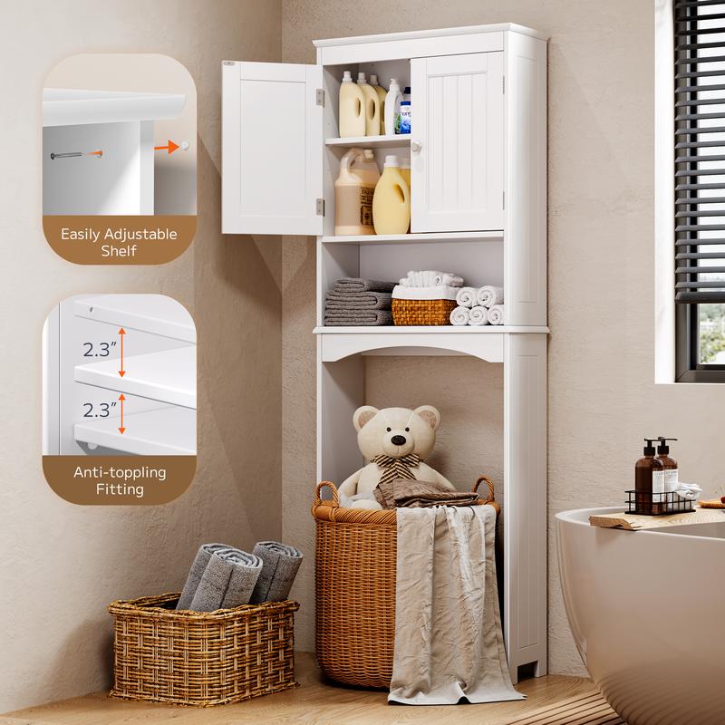 Over The Toilet Storage Cabinet with Adjustable Shelf and Double Doors, Bathroom Space Saver Organizer Above Toilet with Open Shelf, Taller Wooden Free Standing Toilet Rack -White bathroom cabinet