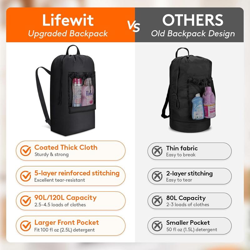 Lifewit 90L Laundry Bag, Extra Large Laundry Backpack with Shoulder Straps and Mesh Pocket for Laundromat, Heavy Duty Laundry Bag Backpack for Dirty Clothes for College Dorm Travel Apartment, Black