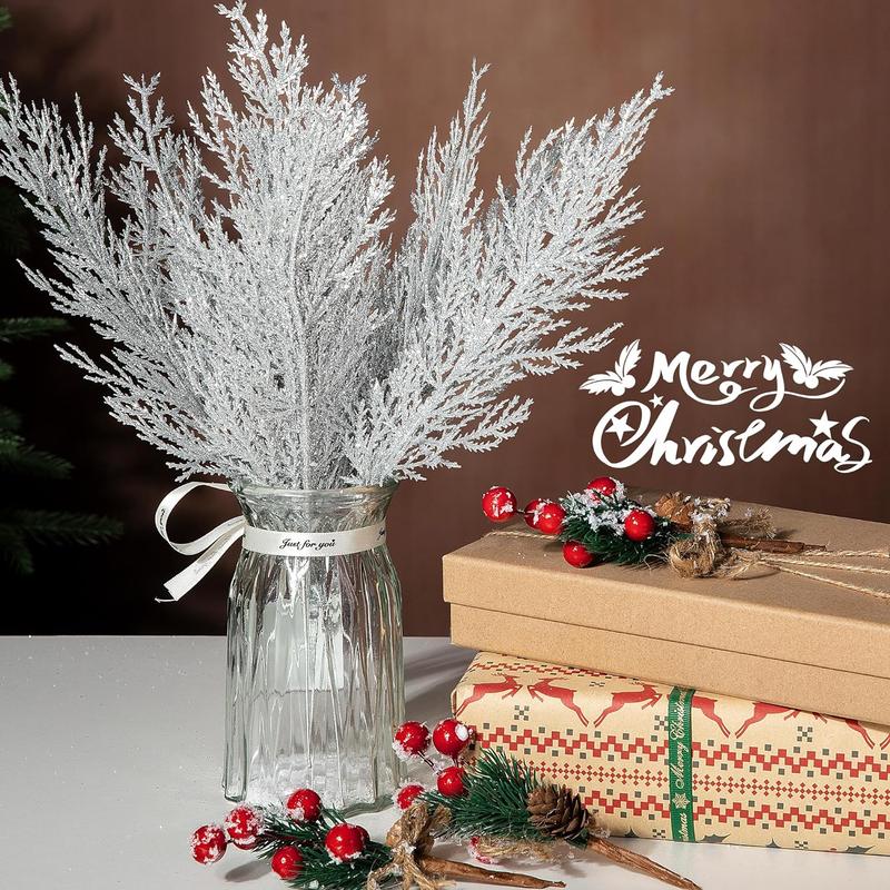 Leaves Artificial Pine Branches, 20pcs set Glitter Fake Foliage Pine Stems Picks For DIY Christmas Wreath Home Decoration