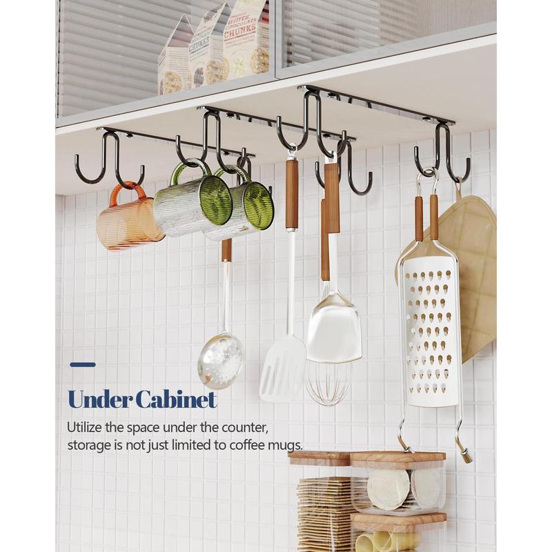 Mug Hooks Under Cabinet 3 Pack, Cup Hooks for Hanging Under Shelf, Mug Organizer Rack with 12 Hooks for Displaying Mugs, Cups and Kitchen Utensils, Black