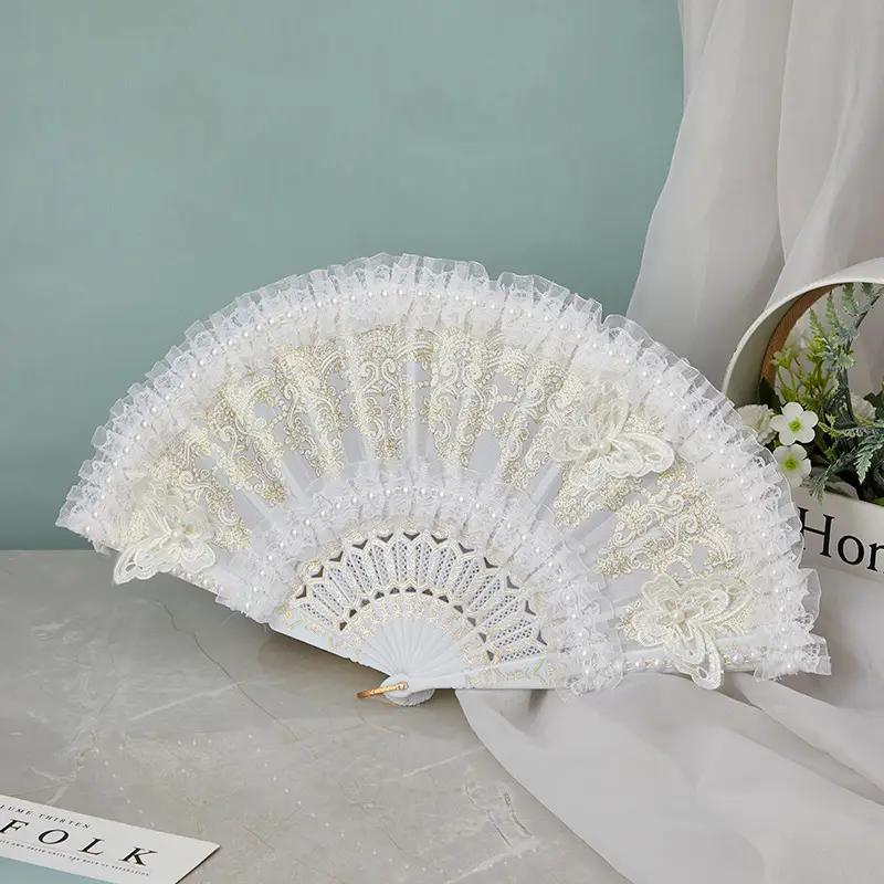 Lace Decorated Hand Fan, 1 Count Vintage Style Handheld Fan, Foldable Dance Performance Photography Props, Home Decor Supplies