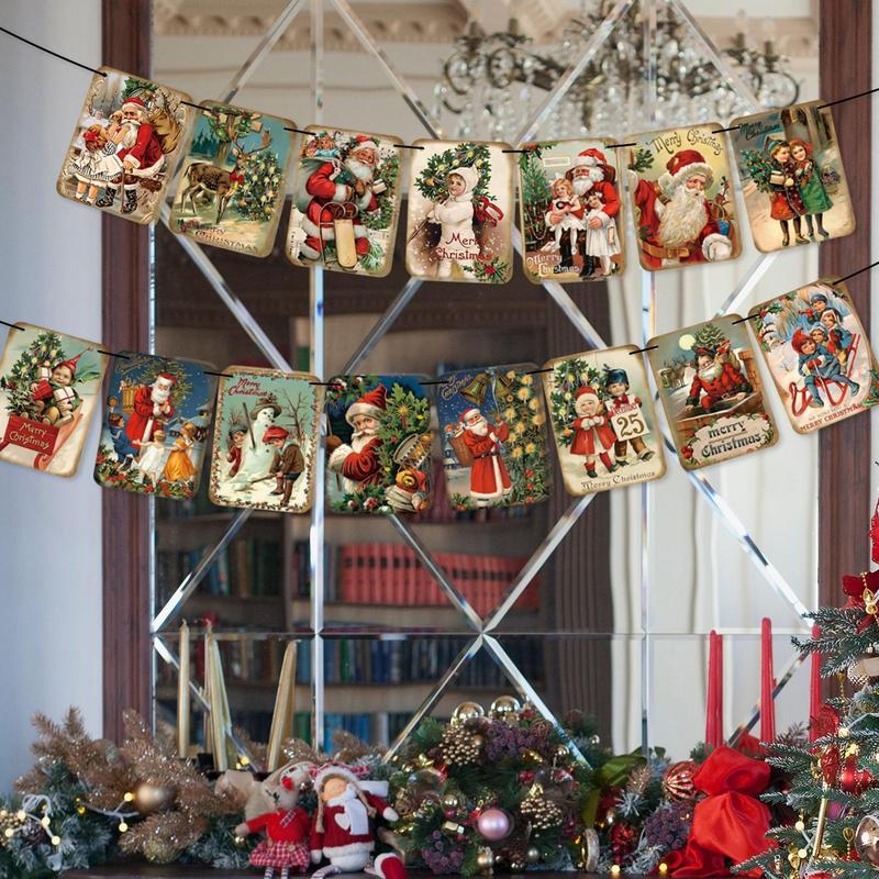 Vintage Style Christmas Hanging Banner, 1 Set Traditional Vintage Victorian Style Christmas Bunting Decor, Santa Christmas Party Banner, Bunting Decorations