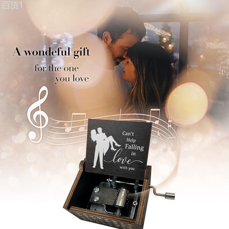 1pc Can't Help Falling In Love Music Box, For Lover Girlfriend Boyfriend Wife Husband Hand Crank Engraved Wooden Musical Boxes Gifts For Birthday Anniversary Valentine's Day, For Home Room Living Room Office Decor Ornaments