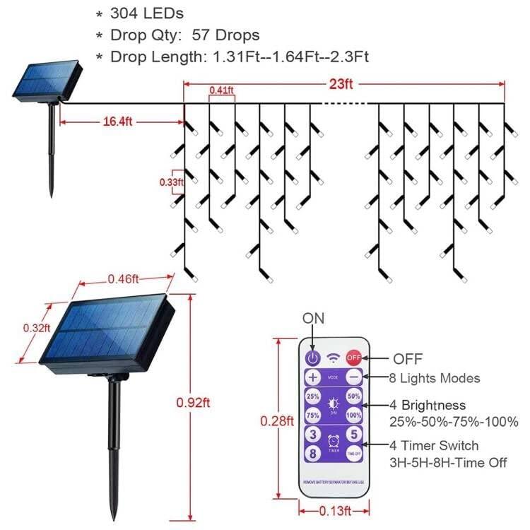 304 LED Solar Christmas Lights, Multicolored Outdoor Icicle Lights, 8 Modes Waterproof Solar Powered String Lights for Xmas Tree Patio Yard Garden Wedding Party House Eaves Roof Decorations Halloween Set Ornaments