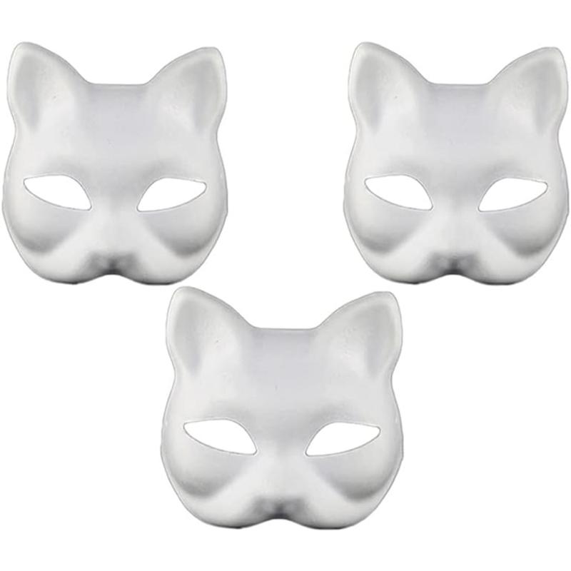 Cat Mask, 3count Therian Masks White Cat Masks Blank DIY Halloween Mask Animal Half Facemasks Masquerade Cosplay Party